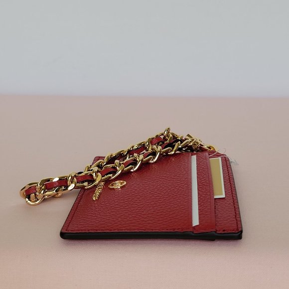 MICHAEL KORS Jet Set Small ID Pebbled Leather Chain Card Holder Case-Crimson⭐ - Picture 15 of 16